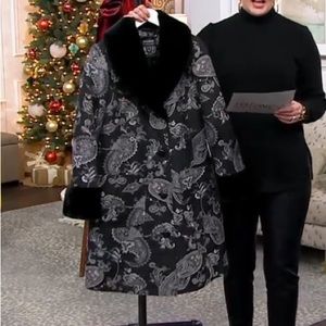 Dennis Basso Madison Ave Jacquard Button Front Coat with Faux Fur Trim